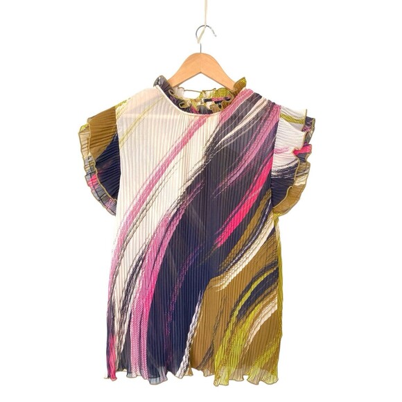 City Chic Colorful Wave Pleated Blouse Ruffled Sleeves Size 14 - Picture 2 of 13